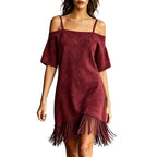 Noxen™ | Vestido liso de mujer con hombros al aire, tirantes finos y flecos 👗