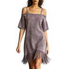 Noxen™ | Vestido liso de mujer con hombros al aire, tirantes finos y flecos 👗