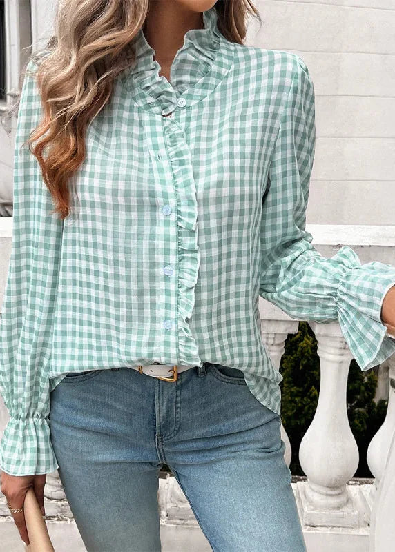 Oria™ | Camisa bohemia de cuadros Vichy verde para mujer