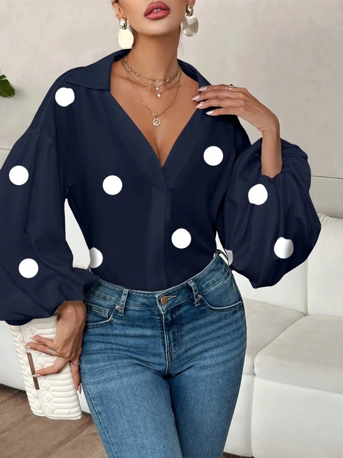 Kale™ | Blusa bohemia de mujer con lunares azul marino