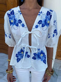 Olyra™ | Blusa de Algodón con Flores Boho Azules