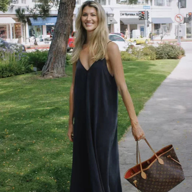 Robe verte longue à bretelles et dos nu pour femme