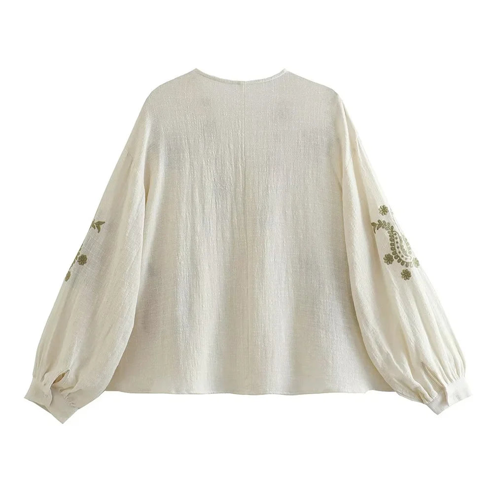 Lune™ | Blusa de Lino Crema con Bordado Bohemio