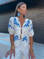 Olyra™ | Blusa de Algodón con Flores Boho Azules