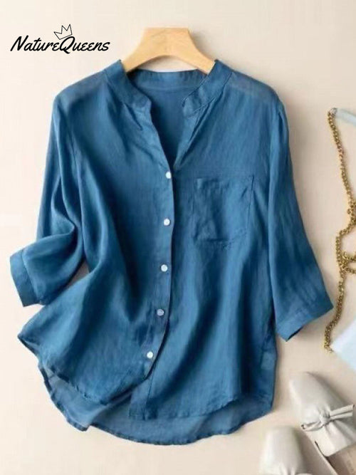 Cárdigan informal de lino de manga 3/4 con cuello en V y color liso para mujer.