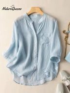 Cárdigan informal de lino de manga 3/4 con cuello en V y color liso para mujer.
