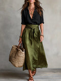 Yvette™ | Conjunto de dos piezas: camiseta negra y falda midi verde oliva