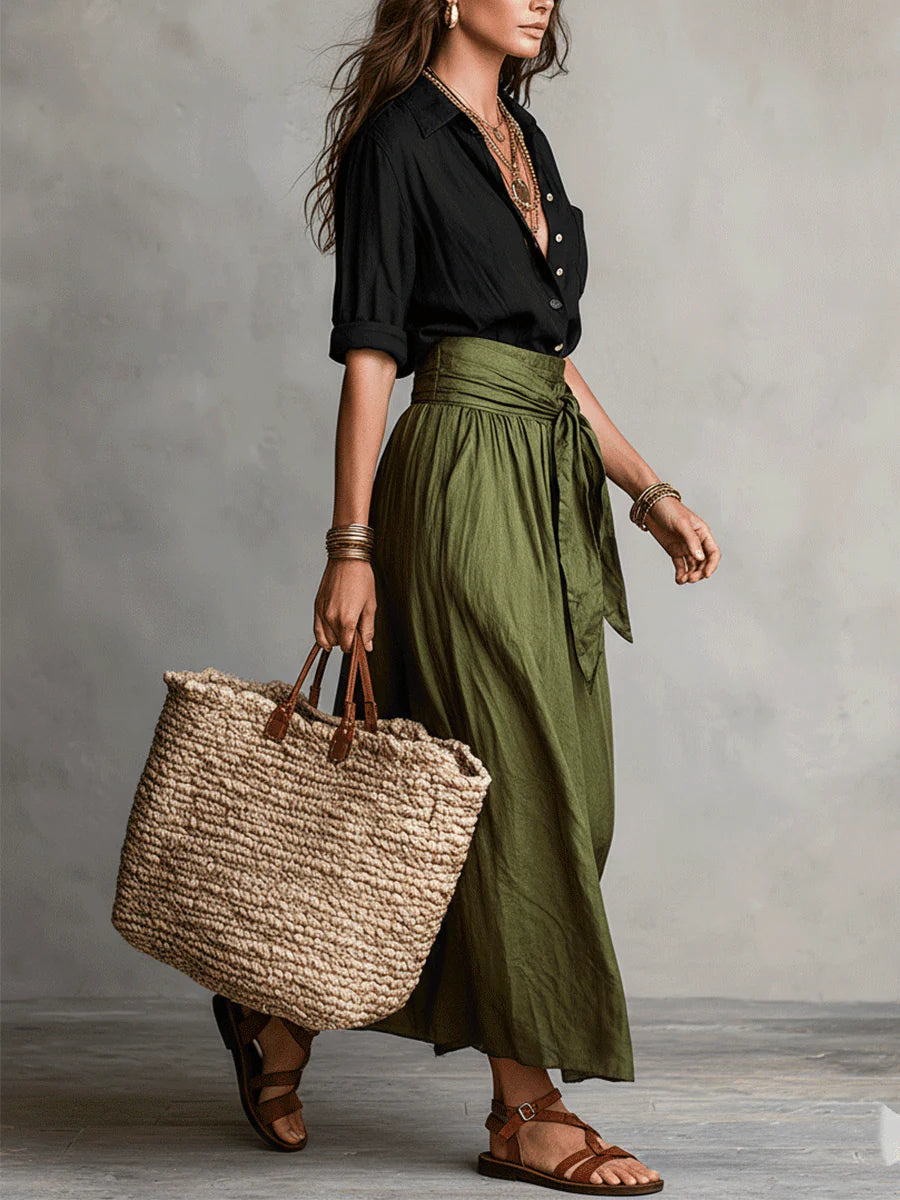Yvette™ | Conjunto de dos piezas: camiseta negra y falda midi verde oliva