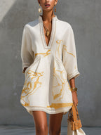 Iridis™ | Vestido Mini de Encaje de Croché Marfil con Motivos Dorados y Escote en V para Mujer