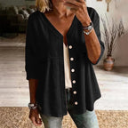👚 Women's Cotton & Linen Blend V-Neck Button-Up Lace Trim Shirt ✨