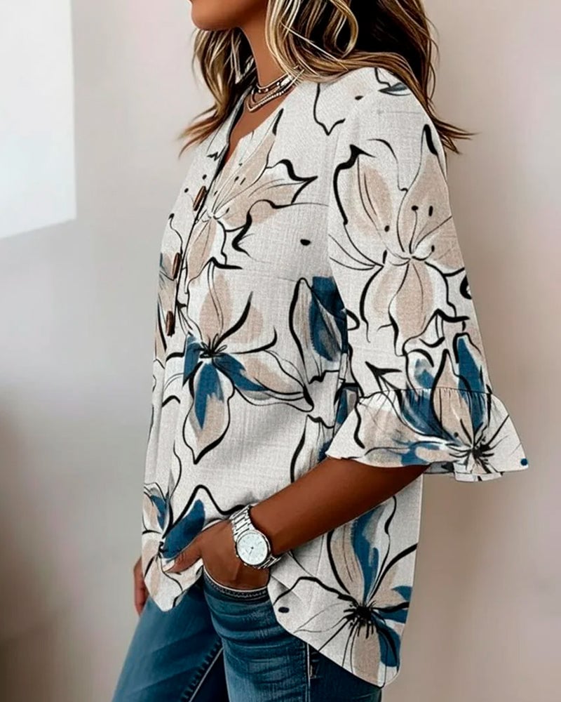 Rosélisse™ | Floral Ruffle V-Neck Blouse