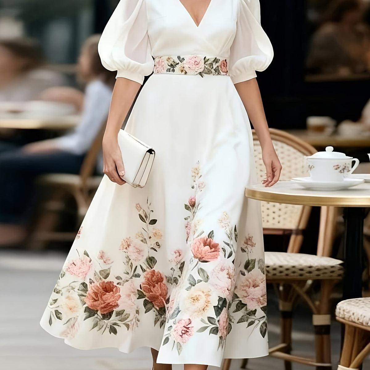Tevra™ | Vestido de mujer con cuello en V, mangas abullonadas y elegante estampado floral