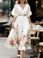 Tevra™ | Vestido de mujer con cuello en V, mangas abullonadas y elegante estampado floral