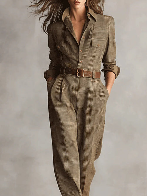 Alessia - Brown Tweed Utility Jumpsuit with Refined Pattern