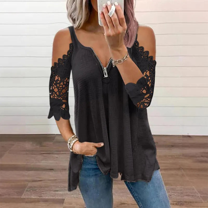 Virel™ | Blusa de encaje con hombros al aire y cremallera para mujer