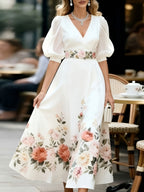 Tevra™ | Vestido de mujer con cuello en V, mangas abullonadas y elegante estampado floral