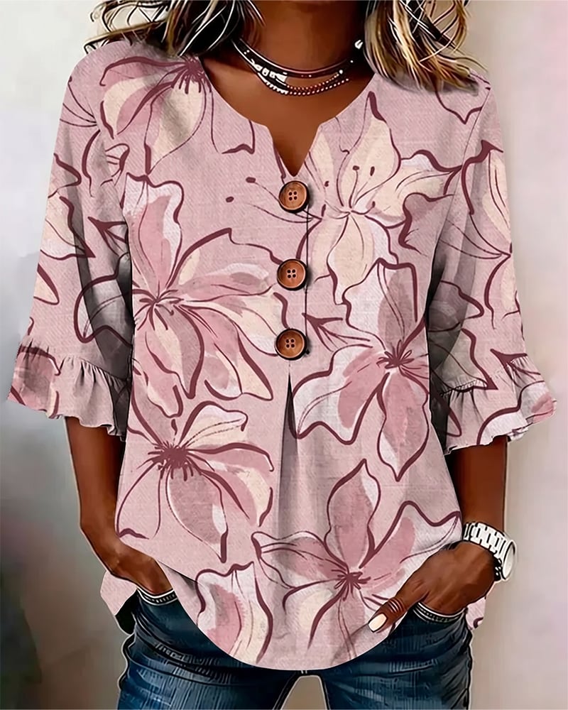 Rosélisse™ | Floral Ruffle V-Neck Blouse