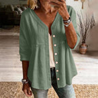 👚 Women's Cotton & Linen Blend V-Neck Button-Up Lace Trim Shirt ✨