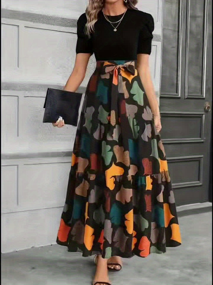 Vanya™ | Vestido Midi Elegante con Estampado Geométrico y Mangas Abullonadas