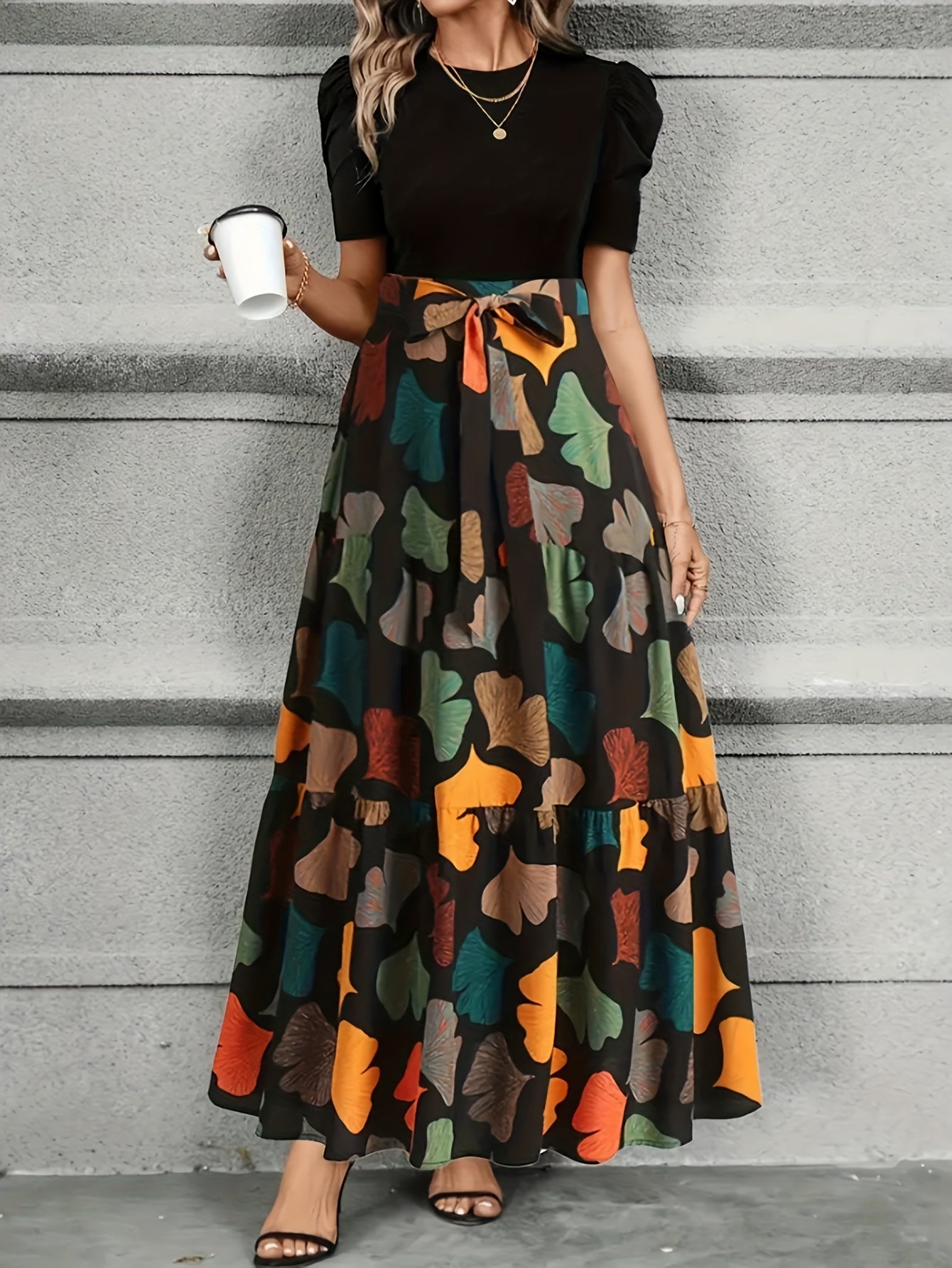 Vanya™ | Vestido Midi Elegante con Estampado Geométrico y Mangas Abullonadas