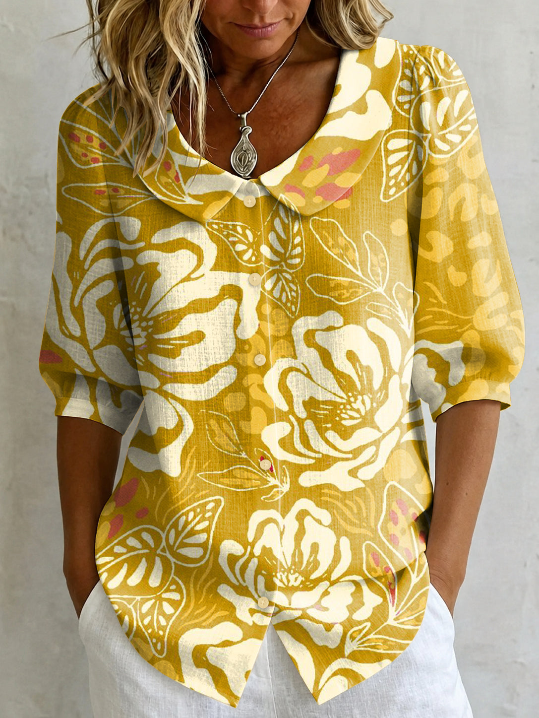 Thym™ | Camisa informal con estampado botánico abstracto y artístico — Cuello Peter Pan, mangas abullonadas
