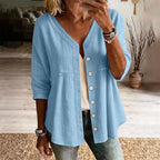 👚 Women's Cotton & Linen Blend V-Neck Button-Up Lace Trim Shirt ✨