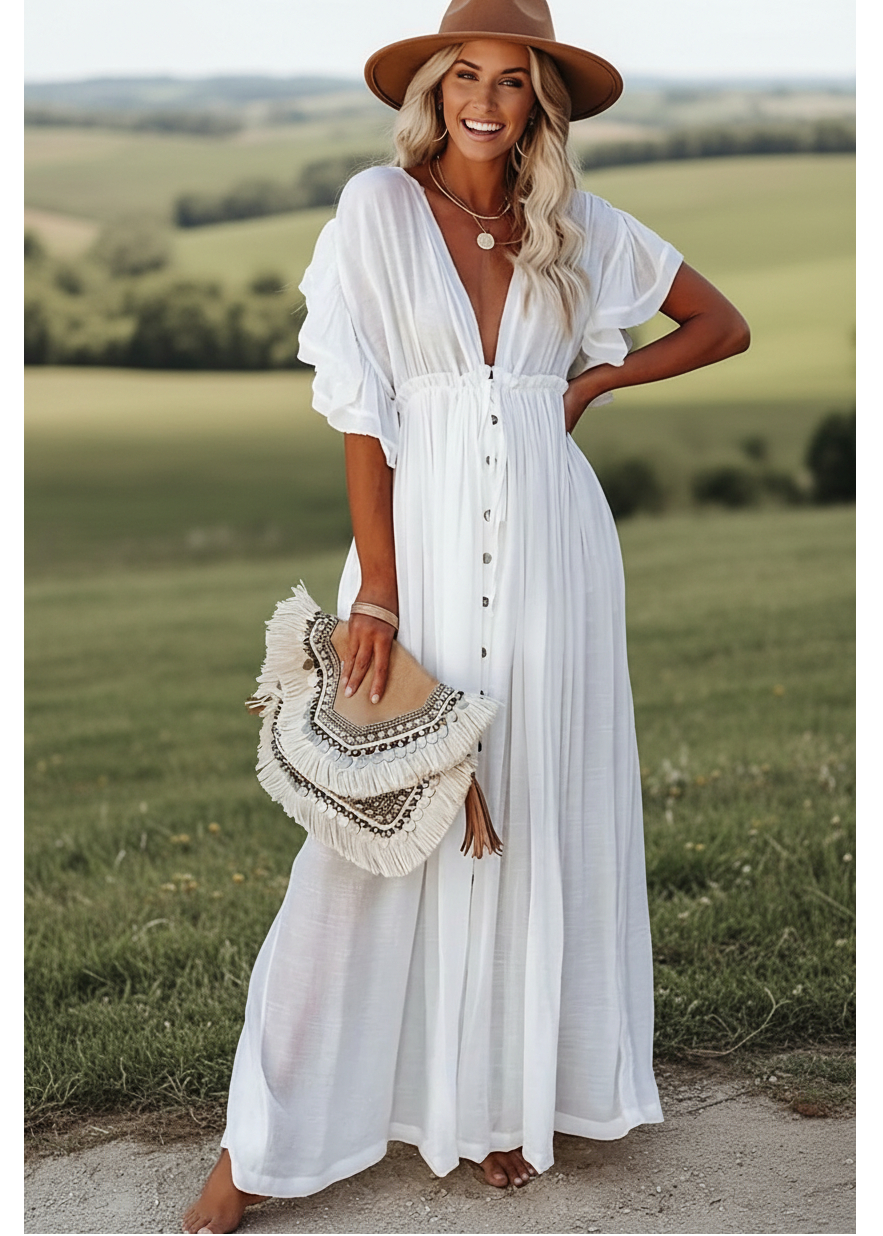 Elowen™ | Vestido Hippie Largo Blanco