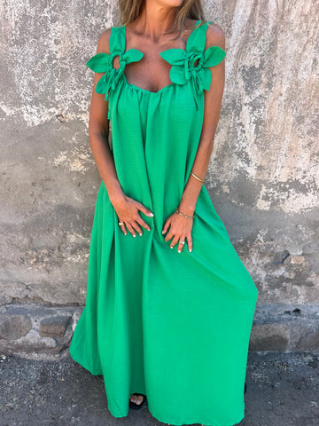 Xael™ | Vestido de mujer de color liso con detalles florales y cuello en U 🌸