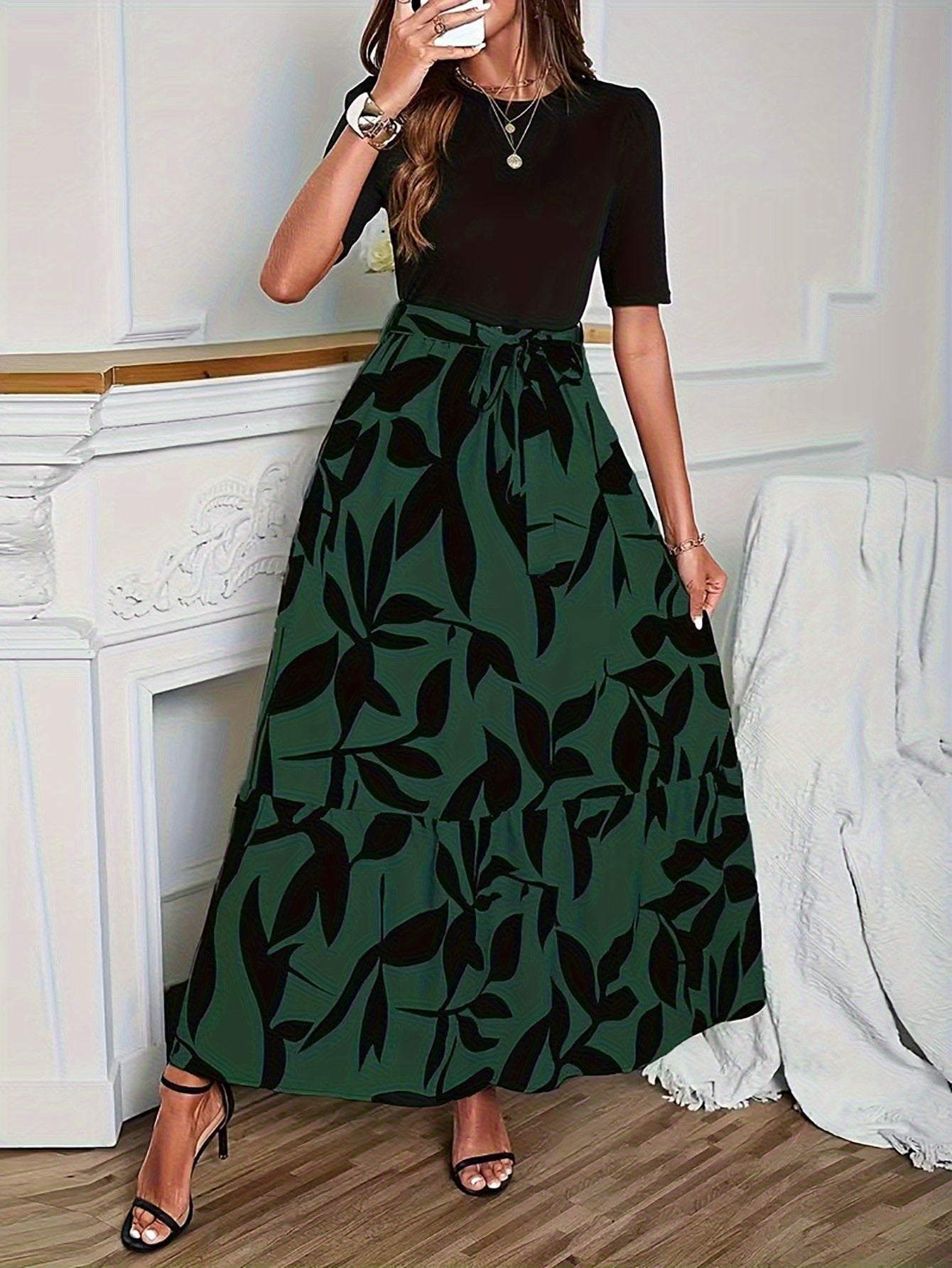 Vanya™ | Vestido Midi Elegante con Estampado Geométrico y Mangas Abullonadas