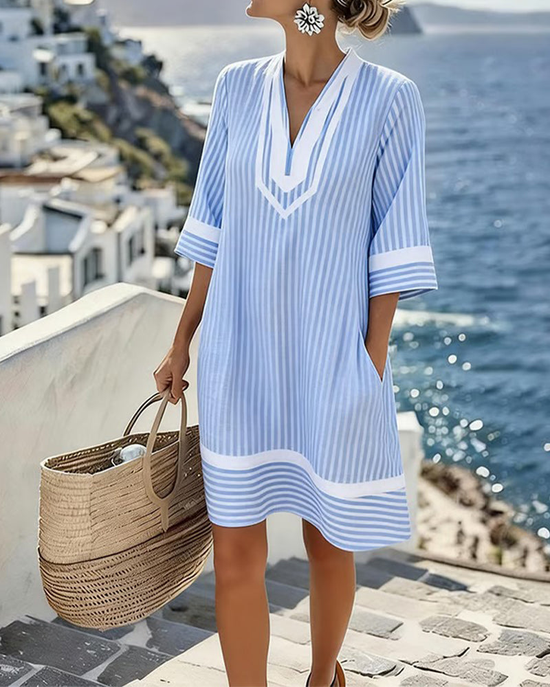 Fifer™ | Vestido de manga corta a rayas con escote en V