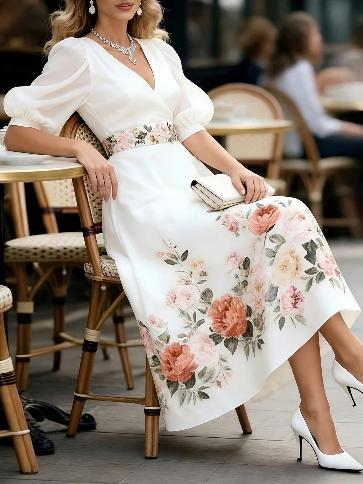 Tevra™ | Vestido de mujer con cuello en V, mangas abullonadas y elegante estampado floral