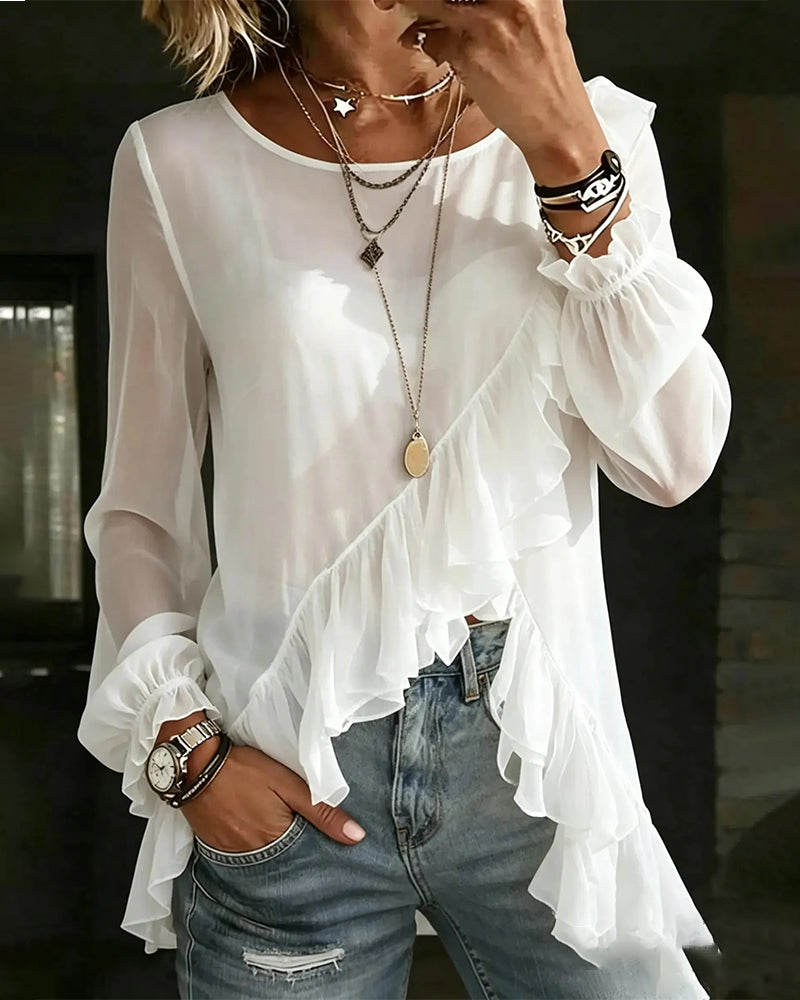 Women's Long Sleeve Ruffle Trim Bias-Cut Blouse ✨👚