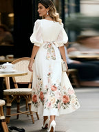 Tevra™ | Vestido de mujer con cuello en V, mangas abullonadas y elegante estampado floral