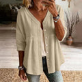👚 Women's Cotton & Linen Blend V-Neck Button-Up Lace Trim Shirt ✨