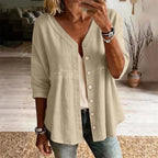 👚 Women's Cotton & Linen Blend V-Neck Button-Up Lace Trim Shirt ✨