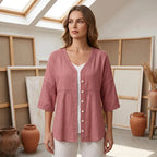 👚 Women's Cotton & Linen Blend V-Neck Button-Up Lace Trim Shirt ✨