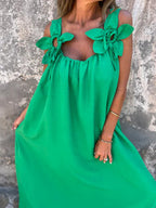Xael™ | Vestido de mujer de color liso con detalles florales y cuello en U 🌸