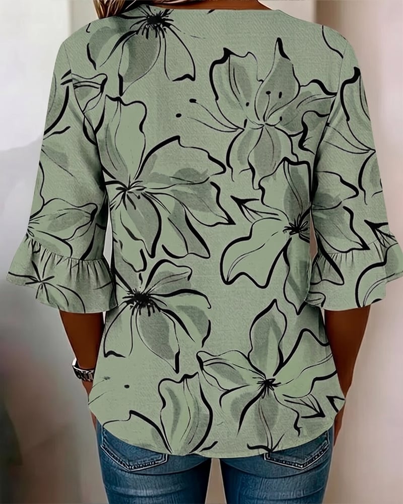 Rosélisse™ | Floral Ruffle V-Neck Blouse