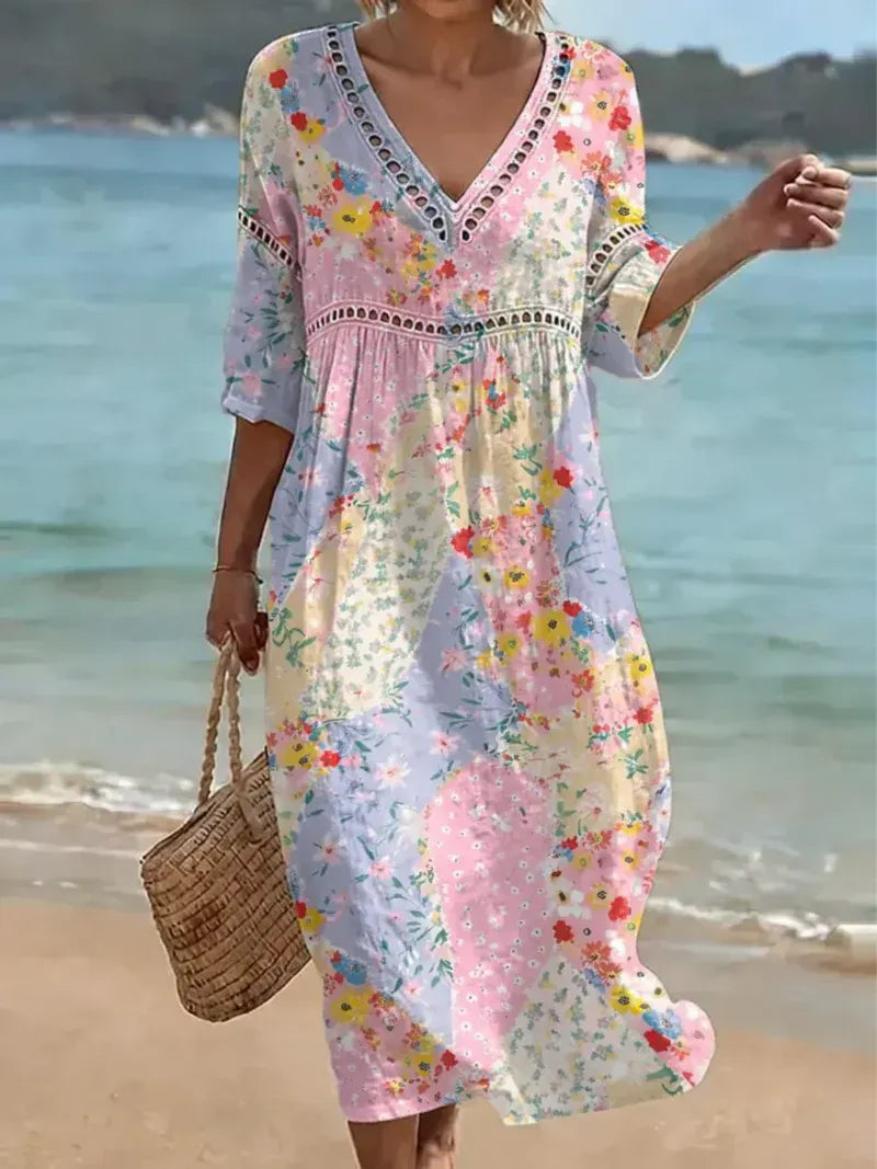 Kevra™ | Vestido largo de patchwork floral para mujer – Cuello en V 👗