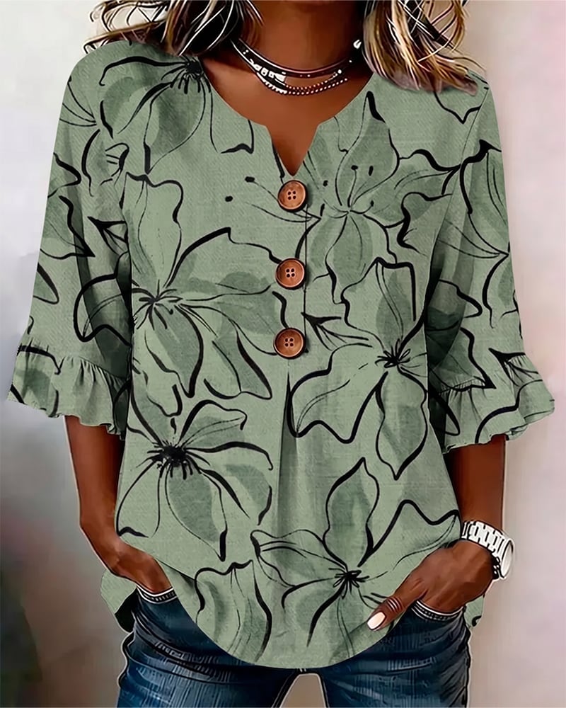Rosélisse™ | Floral Ruffle V-Neck Blouse