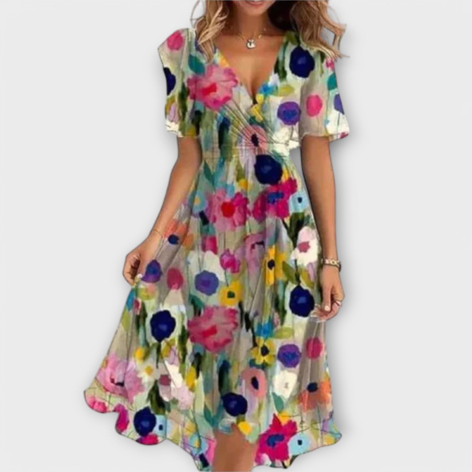 Anegret | Elegante vestido midi con estampado floral y cuello en V