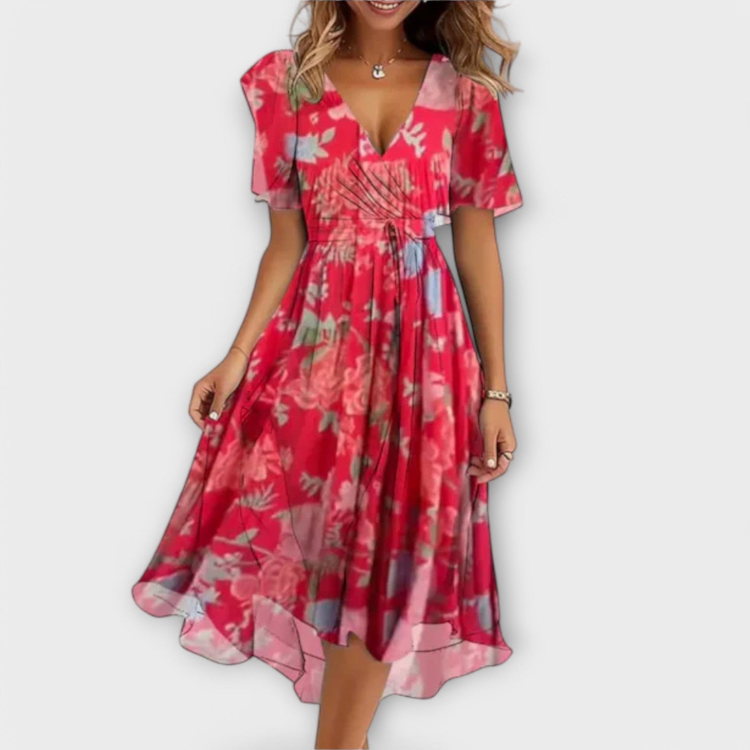 Anegret | Elegante vestido midi con estampado floral y cuello en V