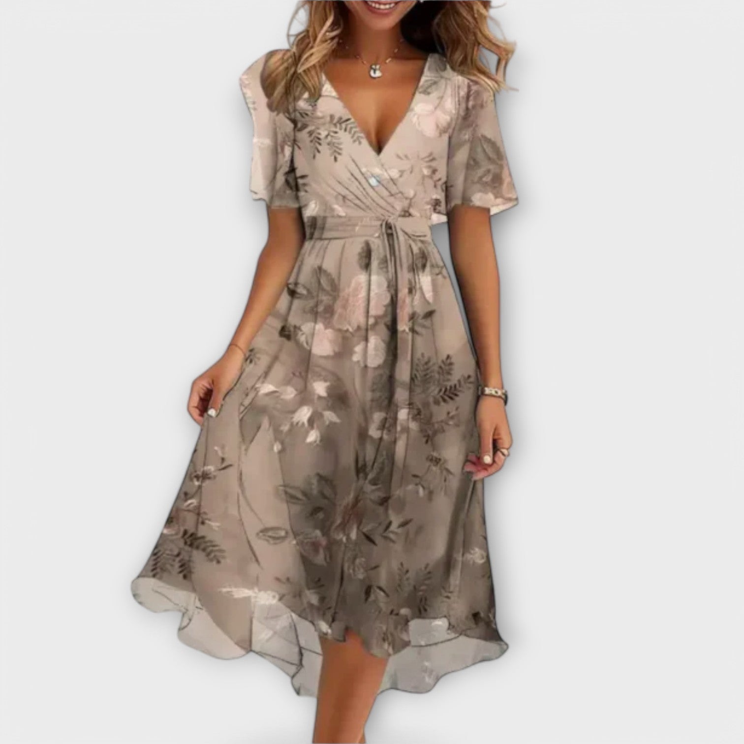 Anegret | Elegante vestido midi con estampado floral y cuello en V