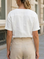 Oshun™ | Camisa informal de algodón y lino de manga corta, elegante y de color liso para mujer.