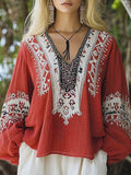 Ephy™ | Camisa informal de algodón y lino con estampado étnico retro para mujer.