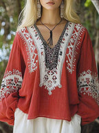 Ephy™ | Camisa informal de algodón y lino con estampado étnico retro para mujer.