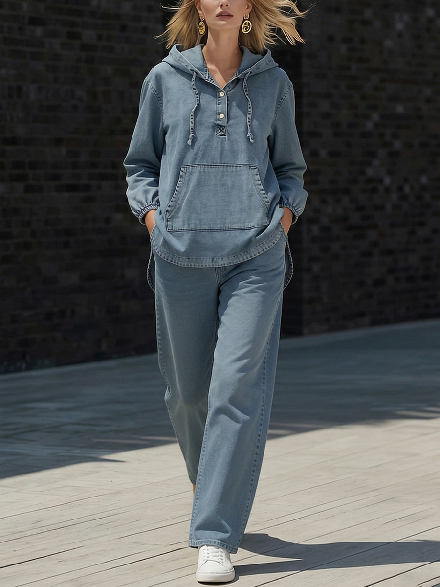 Diama™ | Conjunto de dos piezas informal de denim con capucha y botones