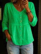 Women's Linen Cotton Blend Shirt - 3/4 Sleeve Crew Neck Loose Hip-Length Casual Blouse