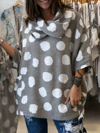 Women's Polka Dot Print Swing Collar 3/4 Sleeve Casual Loose Cotton And Linen Top