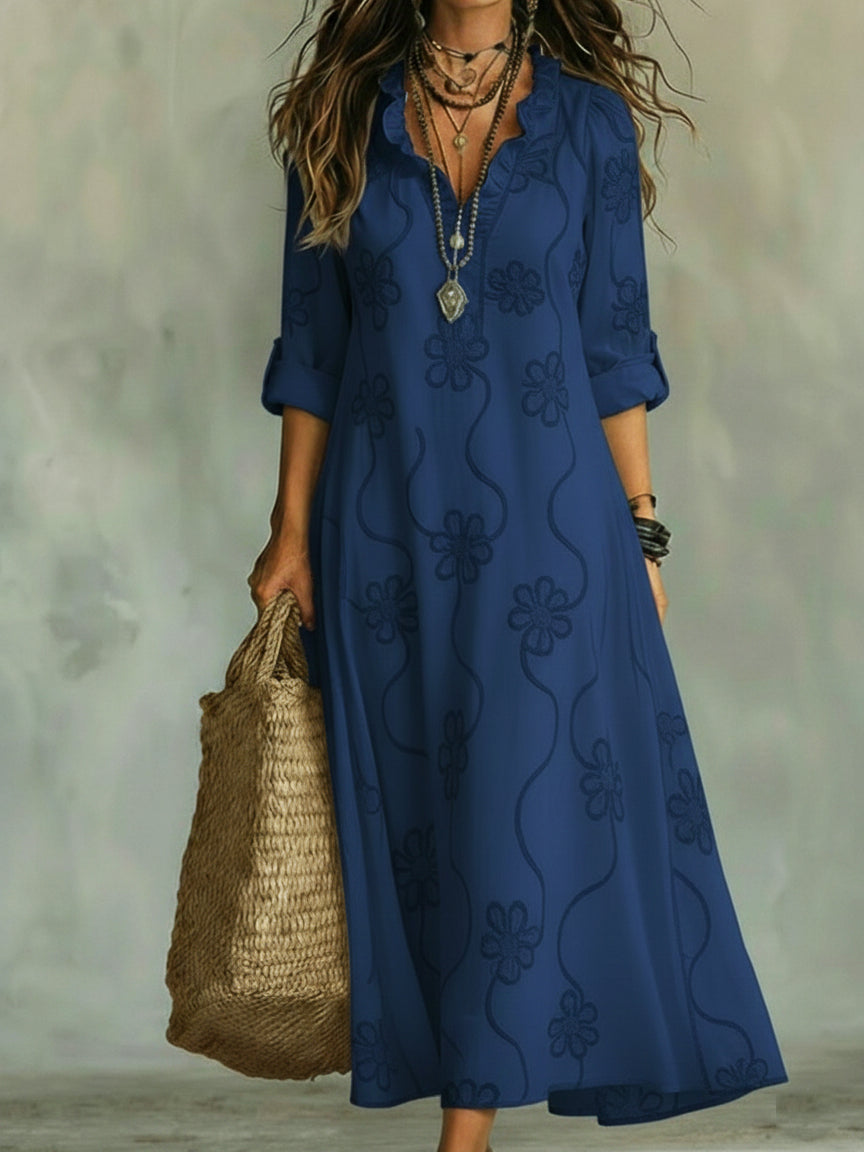 Lilou | Vestido trapecio de estilo retro con flores y cuello con volantes